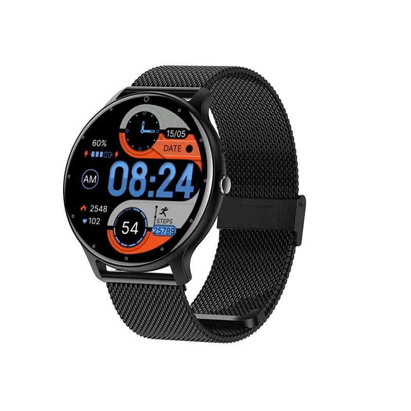 MYRYDER C14Pro smart watch black with black Milanese mesh steel strap, 45-degree view