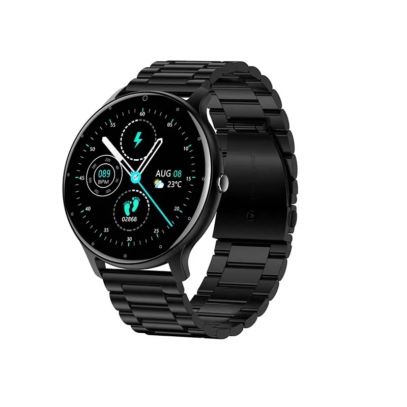 MYRYDER C14Pro smart watch black with black stainless-steel link bracelet, 45-degree view
