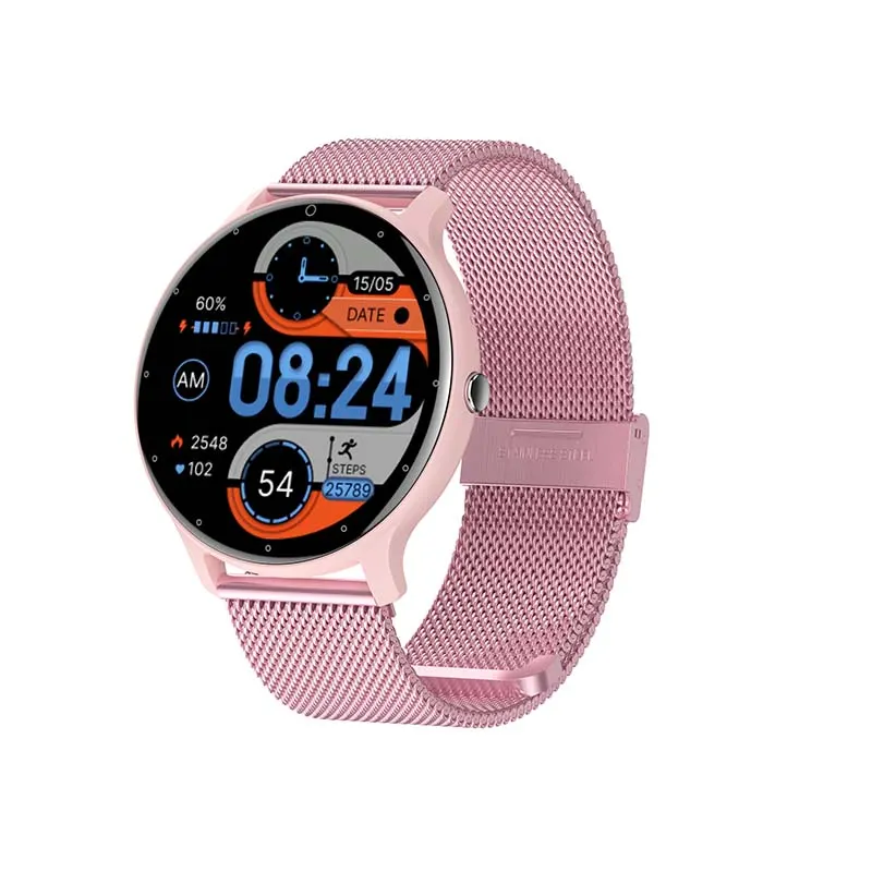 MYRYDER C14Pro smart watch pink with pink Milanese mesh steel strap, 45-degree view