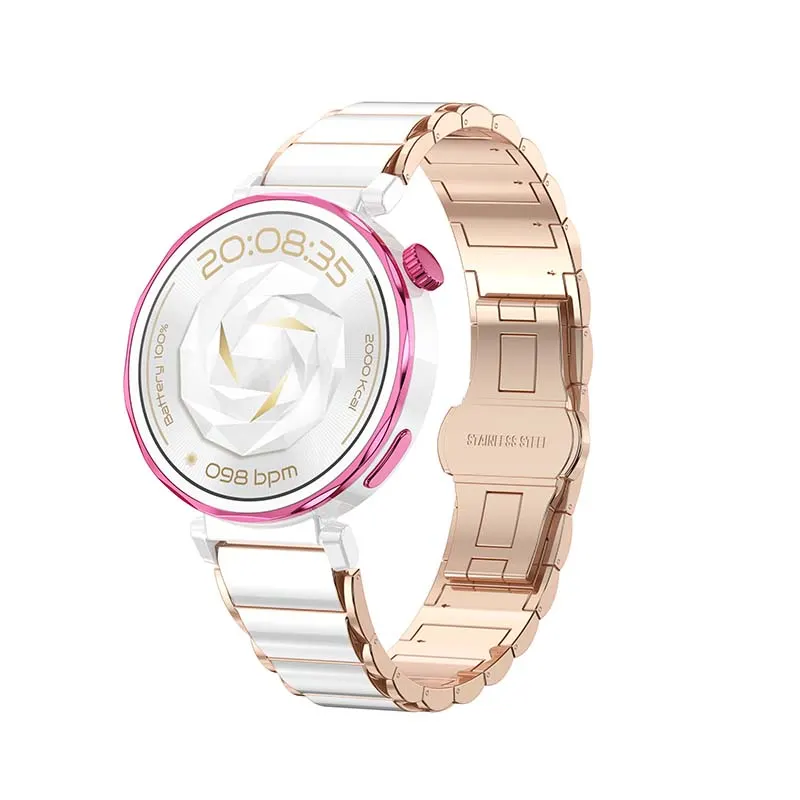 MYRYDER C15Mini smart watch pink bezel with white and rose-gold stainless-steel bracelet, 45-degree view