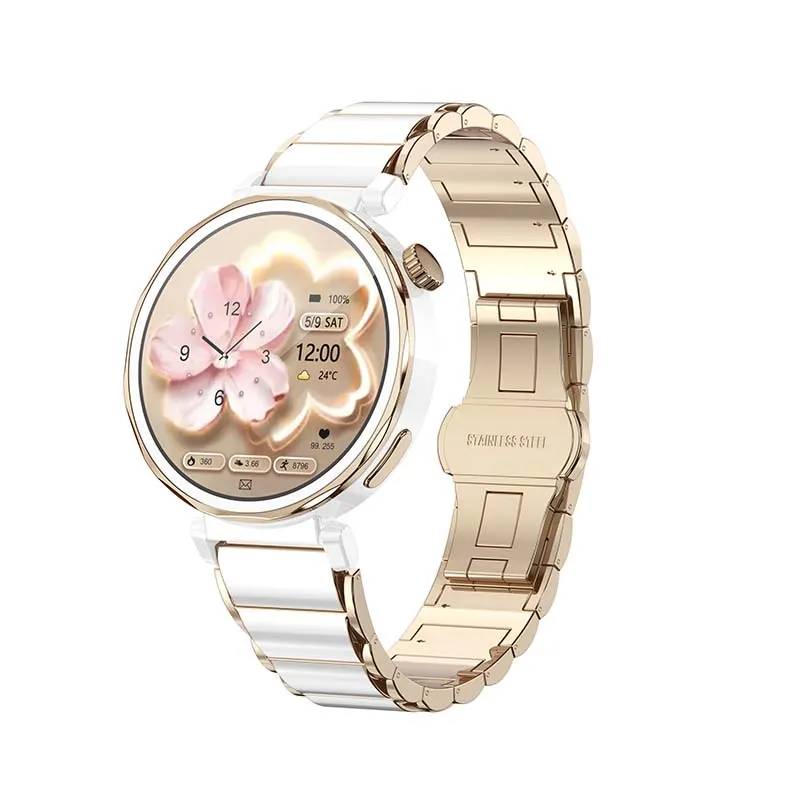 MYRYDER C15Mini smart watch white with white and champagne-gold stainless-steel bracelet, 45-degree view
