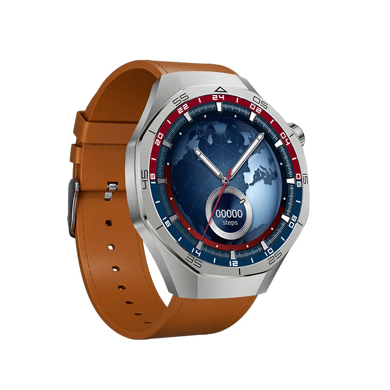MYRYDER C15Pro brown leather right side view, blue earth watch face