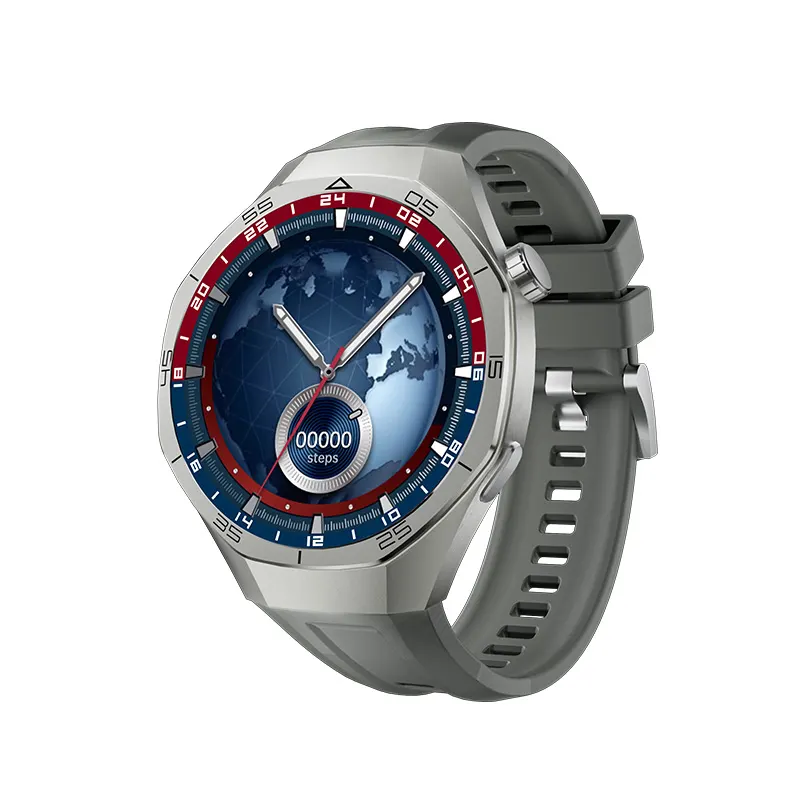 MYRYDER C15Pro grey silicone left side view, blue earth watch face