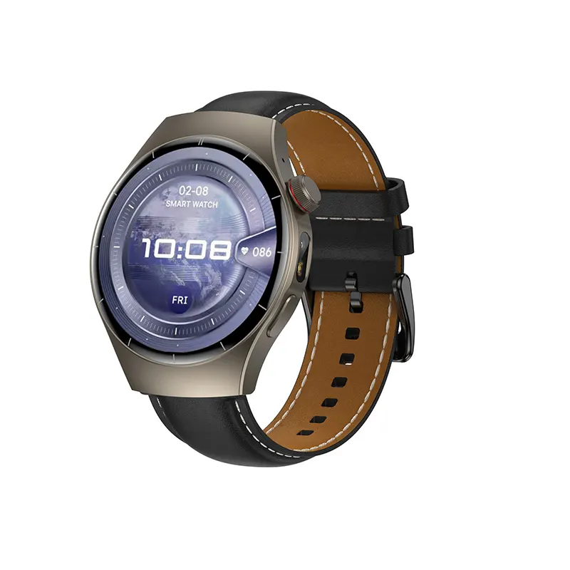 MYRYDER C17Pro smart watch 45-degree right side view with earth 10:08 watch face, black leather strap