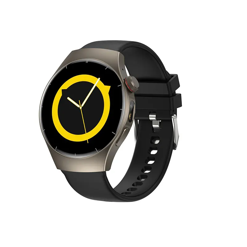 MYRYDER C17Pro smart watch 45-degree right side view, yellow ring clock dial