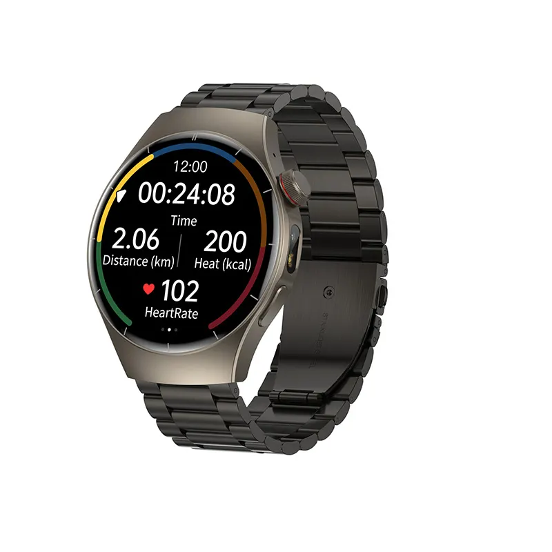 MYRYDER C17Pro smart watch 45-degree right side view with workout dial showing 00:24:08, 2.06 km, 200 kcal and 102 bpm, black steel link band
