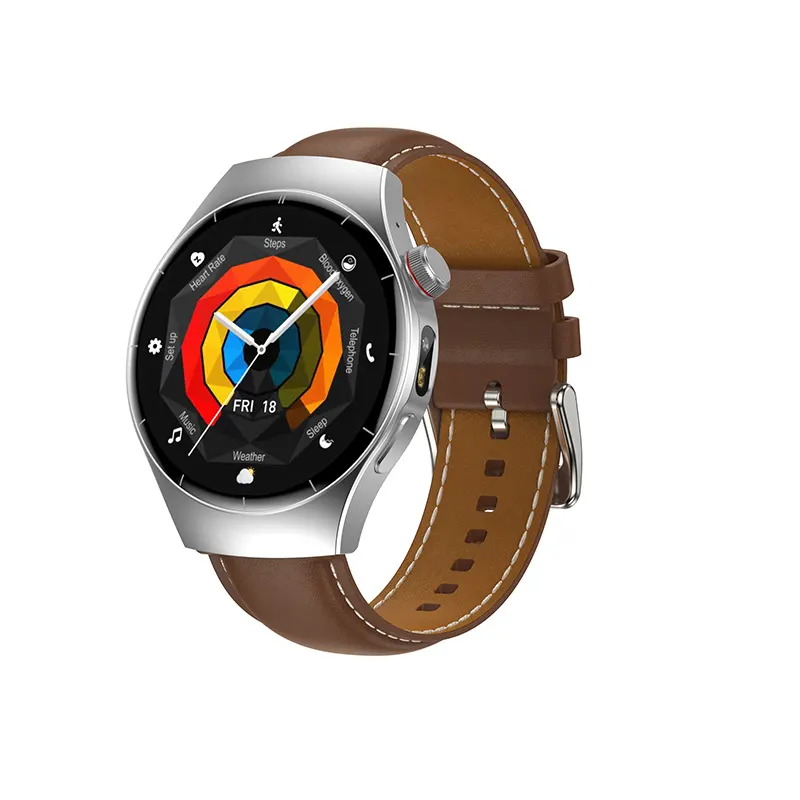 MYRYDER C17Pro smart watch 45-degree right side view with rainbow hexagon shortcut-menu dial, brown leather strap