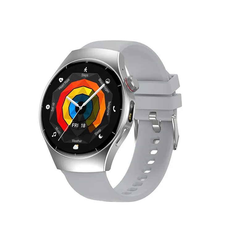 MYRYDER C17Pro smart watch 45-degree right side view with rainbow hexagon shortcut-menu dial, grey silicone strap
