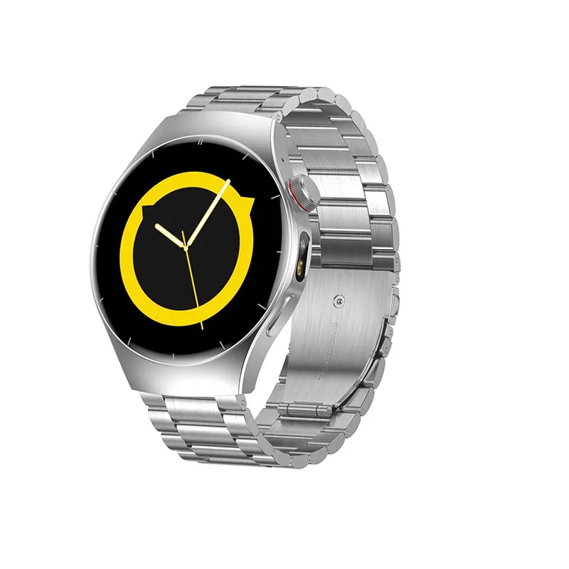MYRYDER C17Pro smart watch 45-degree right side view with yellow ring clock dial, silver steel link band