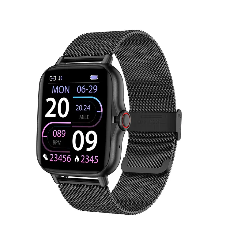 MYRYDER C26 smart watch, black alloy case with stainless-steel Milanese loop — three-quarter hero view with the activity watch face