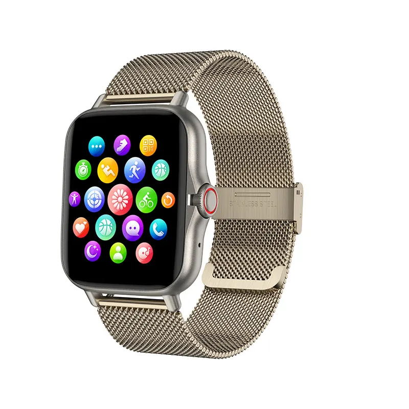 MYRYDER C26 smart watch, gold alloy case with stainless-steel Milanese loop — front view of the app menu