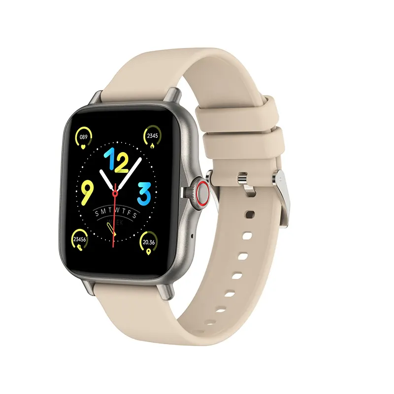 MYRYDER C26 smart watch, gold alloy case with silicone strap — three-quarter hero view with the analog watch face and cream strap