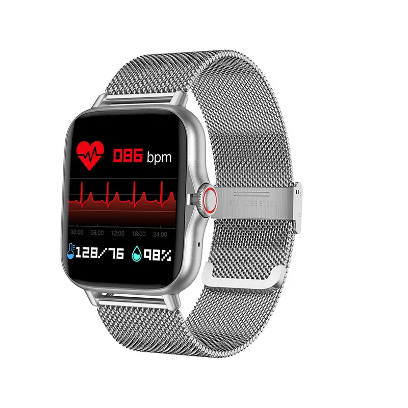 MYRYDER C26 smart watch, silver alloy case with stainless-steel Milanese loop — front view showing heart-rate, blood-pressure and blood-oxygen readings