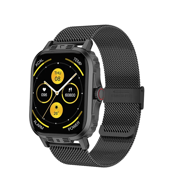 MYRYDER C29Pro smart watch, black zinc alloy case with black stainless-steel Milanese loop — three-quarter view with the dashboard watch face