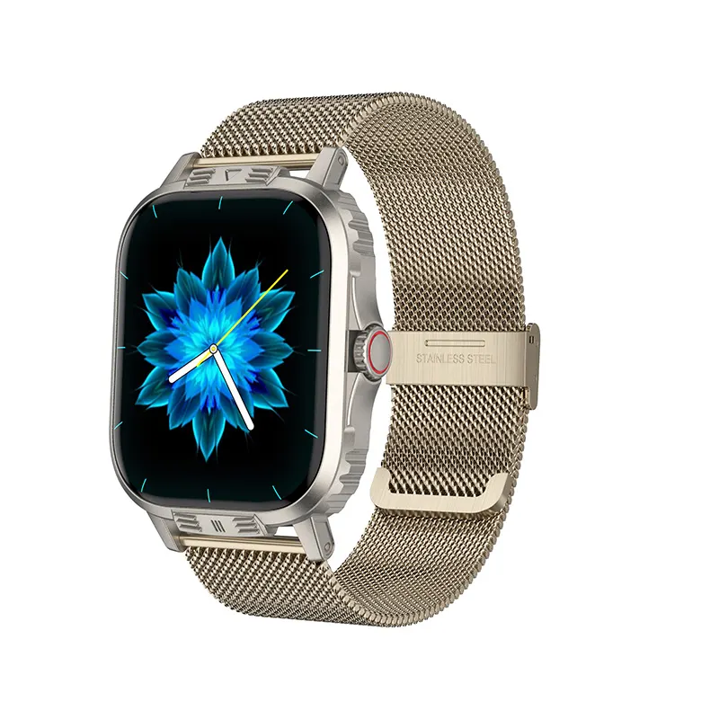 MYRYDER C29Pro smart watch, gold zinc alloy case with gold stainless-steel Milanese loop — three-quarter view with the blue bloom watch face