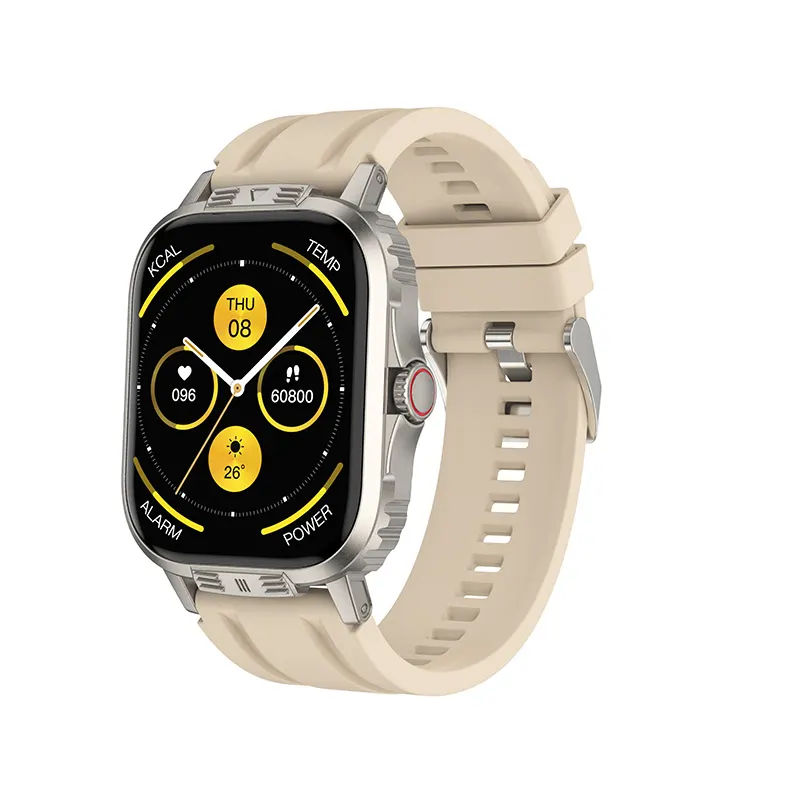 MYRYDER C29Pro smart watch, gold zinc alloy case with cream silicone strap — three-quarter view with the dashboard watch face