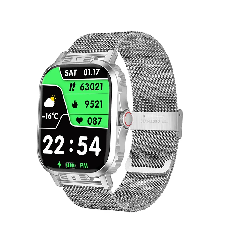 MYRYDER C29Pro smart watch, silver zinc alloy case with silver stainless-steel Milanese loop — three-quarter view with the dashboard watch face