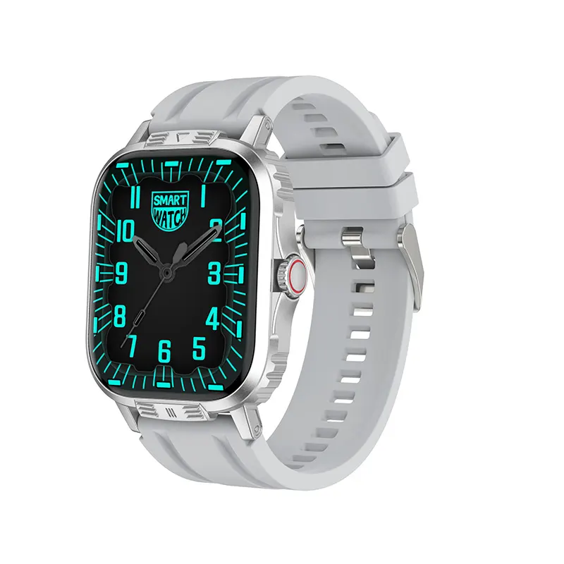 MYRYDER C29Pro smart watch, silver zinc alloy case with gray silicone strap — three-quarter view with the neon analog watch face