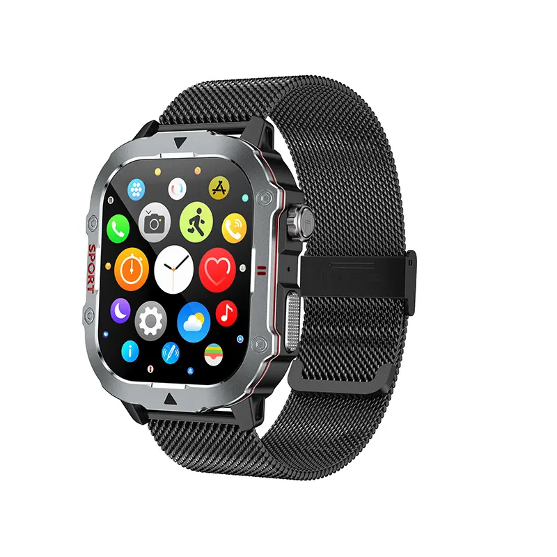 MYRYDER C30Pro smart watch, black case with black stainless-steel Milanese loop — three-quarter view with the round-icon app menu on screen