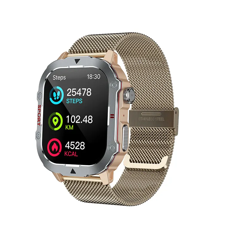 MYRYDER C30Pro smart watch, silver case with sand stainless-steel Milanese loop — three-quarter view with the activity-stats watch face