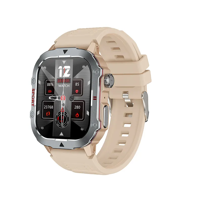 MYRYDER C30Pro smart watch, silver case with sand silicone strap — three-quarter view with the 12:35 dashboard watch face