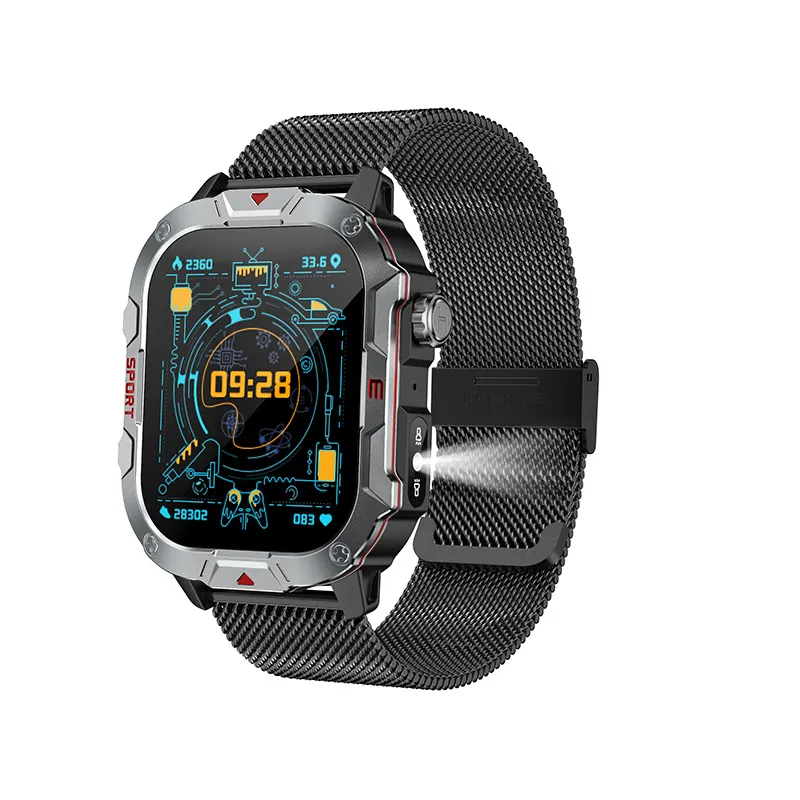MYRYDER C40Pro smart watch, silver case with black stainless-steel Milanese loop — three-quarter view with the digital chip watch face