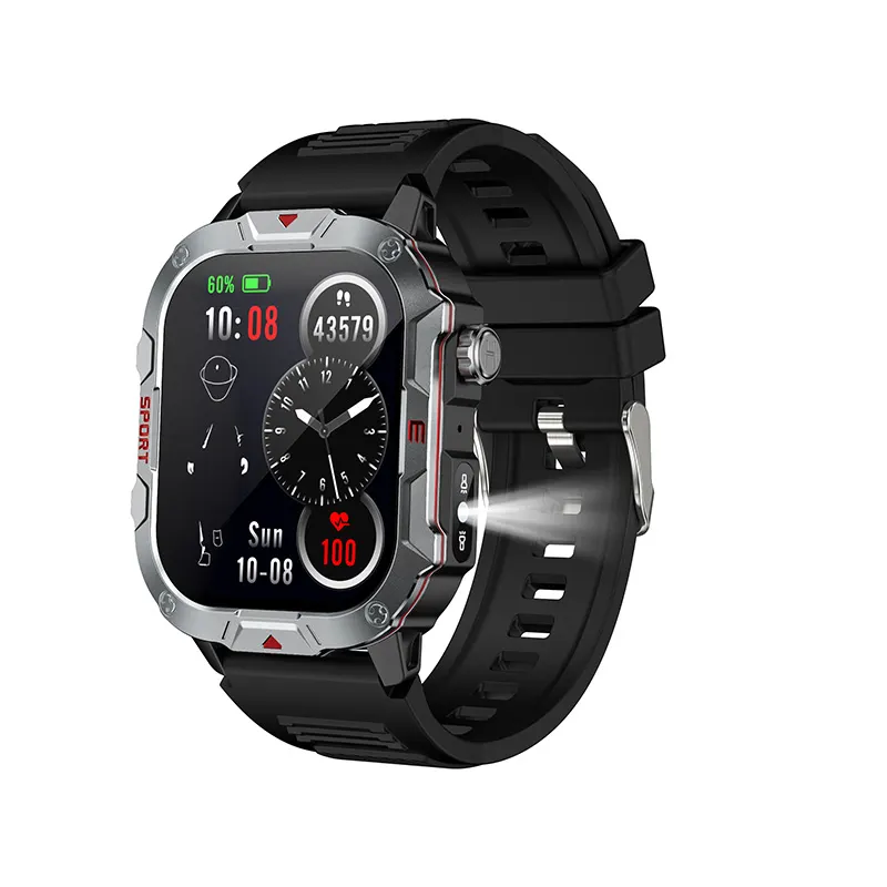 MYRYDER C40Pro smart watch, silver case with black silicone strap — three-quarter view with the LED flashlight lit and the 10:08 dashboard watch face