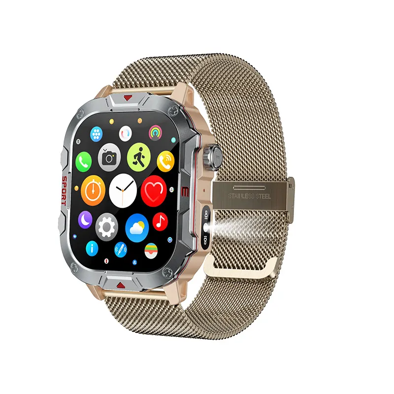 MYRYDER C40Pro smart watch, gold case with gold stainless-steel Milanese loop — three-quarter view with the round-icon app menu on screen