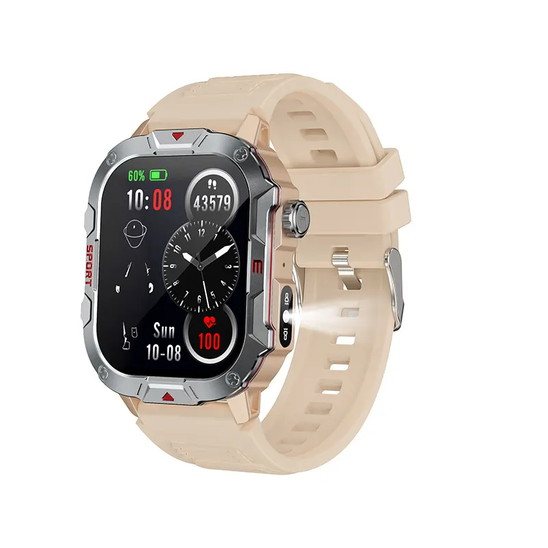 MYRYDER C40Pro smart watch, silver case with sand silicone strap — three-quarter view with the LED flashlight lit and the 10:08 dashboard watch face