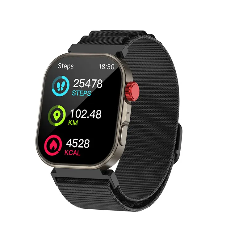 MYRYDER C48Pro smart watch, black case with a red crown and a black nylon strap — front view with the activity watch face reading 25478 steps, 102.48 km and 4528 kcal