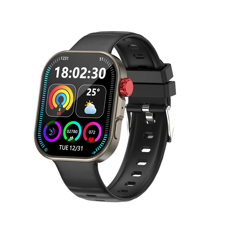 MYRYDER C48Pro smart watch, black case with a red crown and a black silicone strap — front view with the 18:02:30 dashboard watch face and a 25°C weather tile