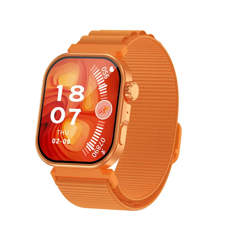 MYRYDER C48Pro smart watch, orange case with an orange crown and an orange nylon strap — front view with the red animated watch face