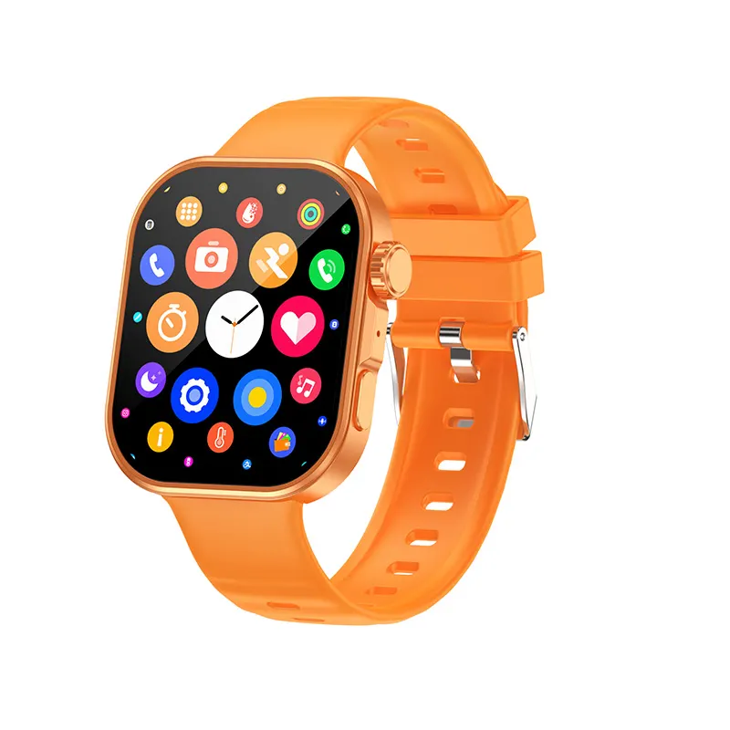 MYRYDER C48Pro smart watch, orange case with an orange crown and an orange silicone strap — front view with the round-icon app menu on screen