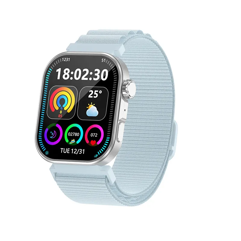 MYRYDER C48Pro smart watch, silver case with a steel crown and a light blue nylon strap — front view with the 18:02:30 dashboard watch face