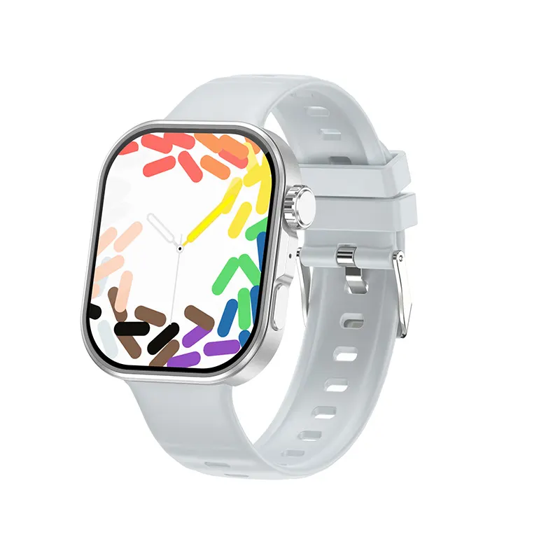 MYRYDER C48Pro smart watch, silver case with a steel crown and a white silicone strap — front view with the colourful sprinkle watch face