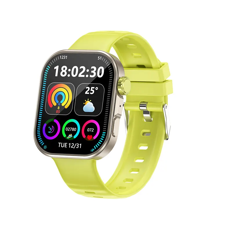 MYRYDER C48Pro smart watch, titanium case with a lime green crown and a lime green silicone strap — front view with the 18:02:30 dashboard watch face