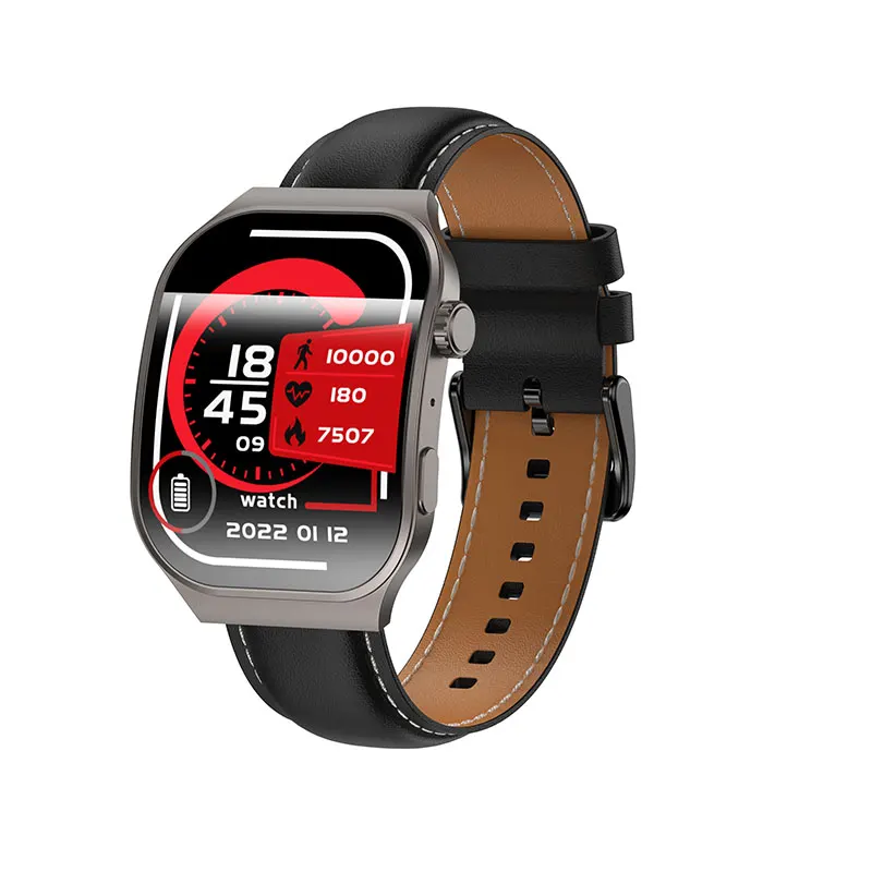 MYRYDER C49Pro smart watch, black case with a knurled dark crown and a black leather strap with white stitching and a tan lining — 45-degree view with the red activity dial showing 18:45, 10000 steps, 180 and 7507