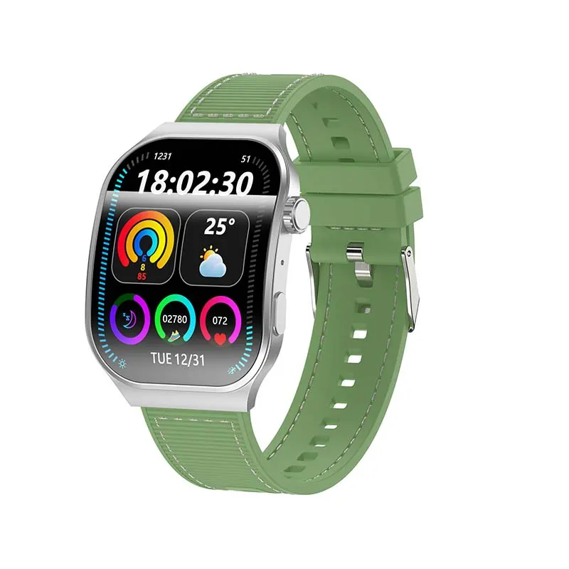MYRYDER C49Pro smart watch, silver case with a polished silver crown and a green silicone strap with white contrast stitching — 45-degree view with the 18:02:30 dashboard watch face, a 25°C weather tile and three activity rings
