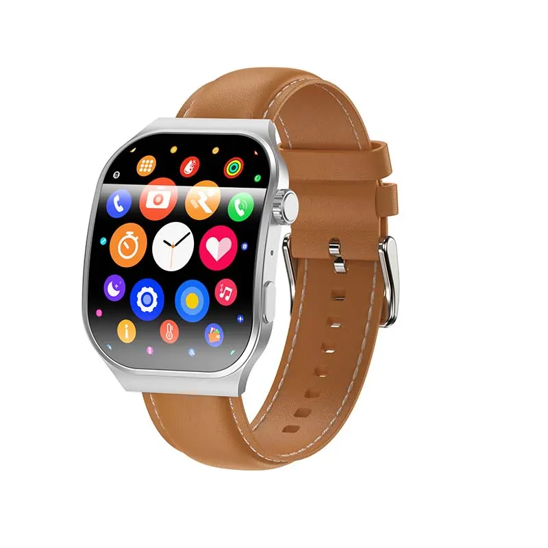 MYRYDER C49Pro smart watch, silver case with a polished silver crown and a tan leather strap with white stitching — 45-degree view of the round-icon app menu