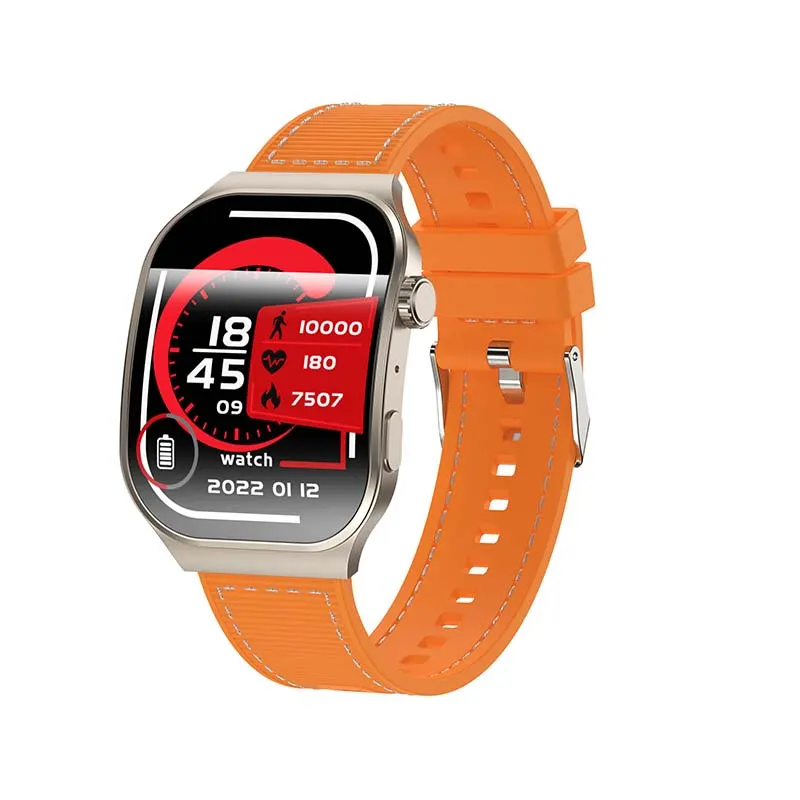 MYRYDER C49Pro smart watch, champagne titanium case with a matching champagne crown and an orange silicone strap with white contrast stitching — 45-degree view with the red activity dial showing 18:45, 10000 steps, 180 and 7507