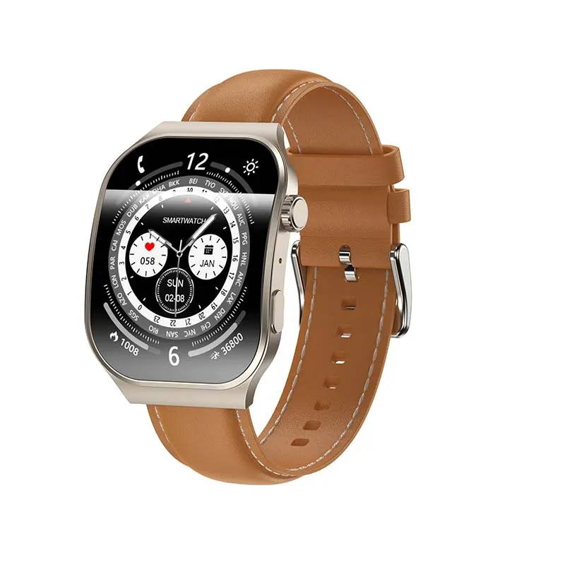 MYRYDER C49Pro smart watch, champagne titanium case with a matching champagne crown and a tan leather strap with white stitching — 45-degree view with the analogue SMARTWATCH dial showing 058 bpm, 1008 calories and 36800 steps