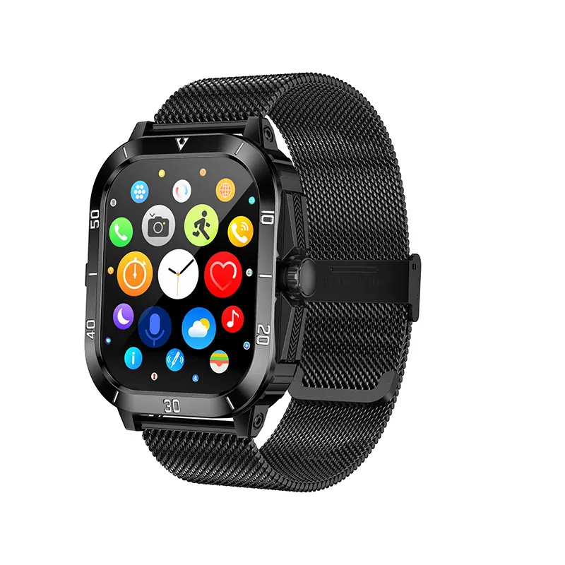 MYRYDER C50Pro smart watch, black case with black stainless-steel Milanese loop — three-quarter view with the round-icon app menu on screen