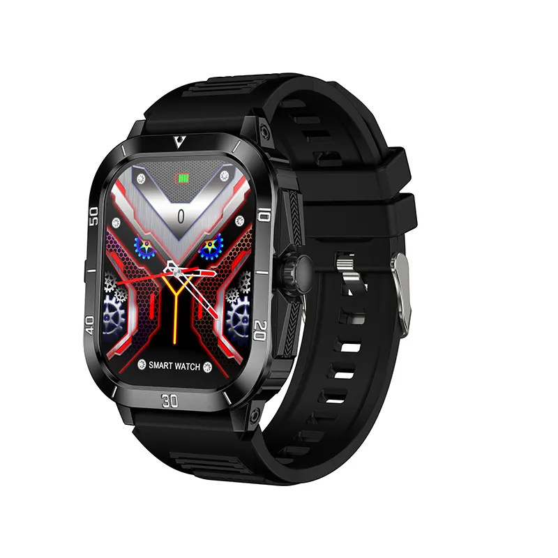 MYRYDER C50Pro smart watch, black case with black silicone strap — three-quarter view with the red lattice watch face