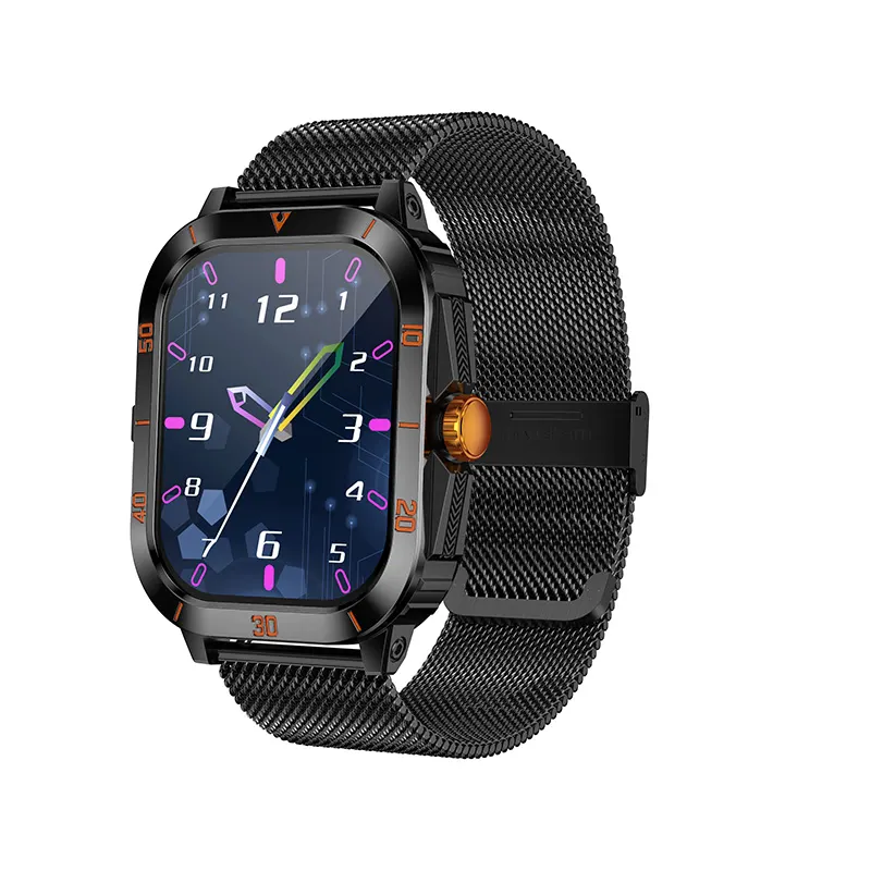 MYRYDER C50Pro smart watch, black case with orange crown and black stainless-steel Milanese loop — three-quarter view with the analog watch face