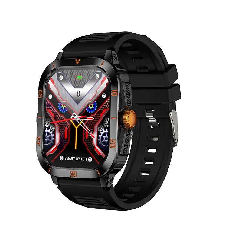 MYRYDER C50Pro smart watch, black case with orange crown and black silicone strap — three-quarter view with the red lattice watch face