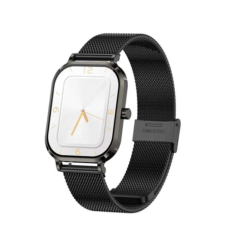 MYRYDER H15 smart watch, black titanium-finish case with a round crown button and a black Milanese stainless-steel mesh strap — 45-degree view with the white analogue watch face and gold hands