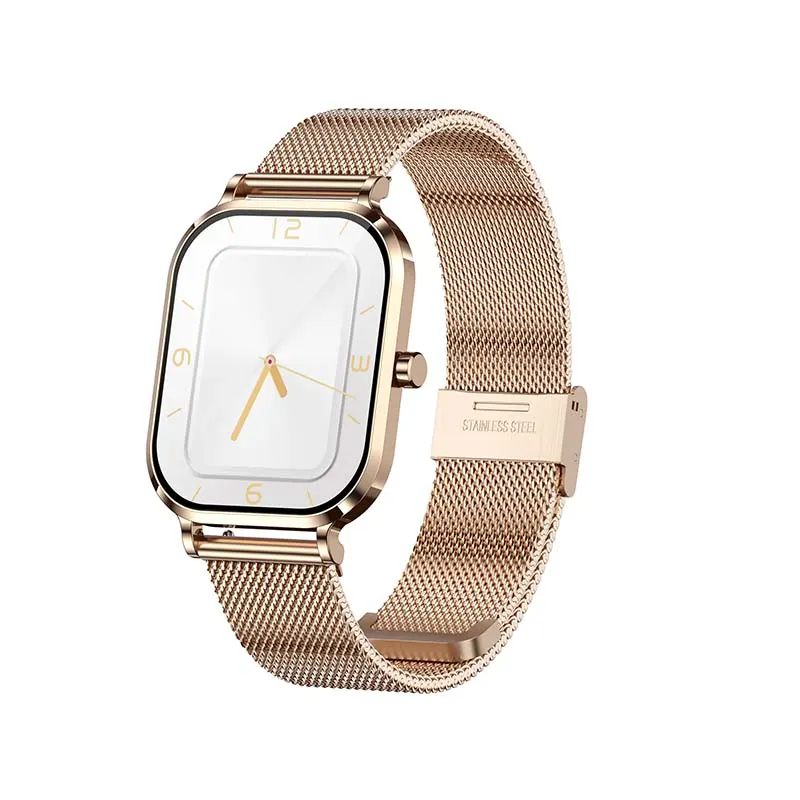 MYRYDER H15 smart watch, rose-gold case with a round crown button and a rose-gold Milanese stainless-steel mesh strap — 45-degree view with the white analogue watch face, gold hands and 12, 3, 6 and 9 numerals
