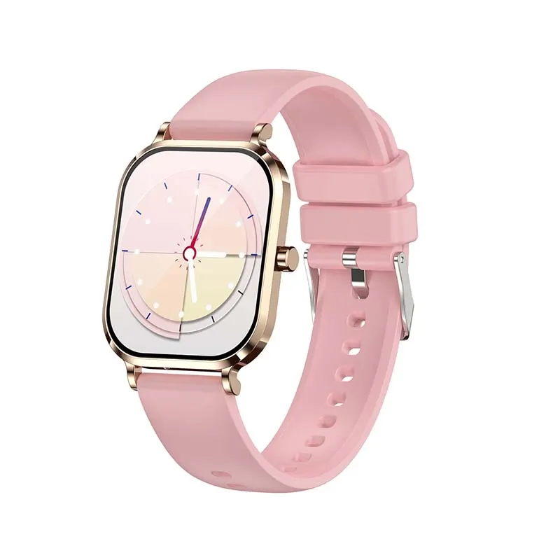 MYRYDER H15 smart watch, rose-gold case with a round crown button and a pink silicone strap — 45-degree view with the pink analogue watch face and a red seconds hand