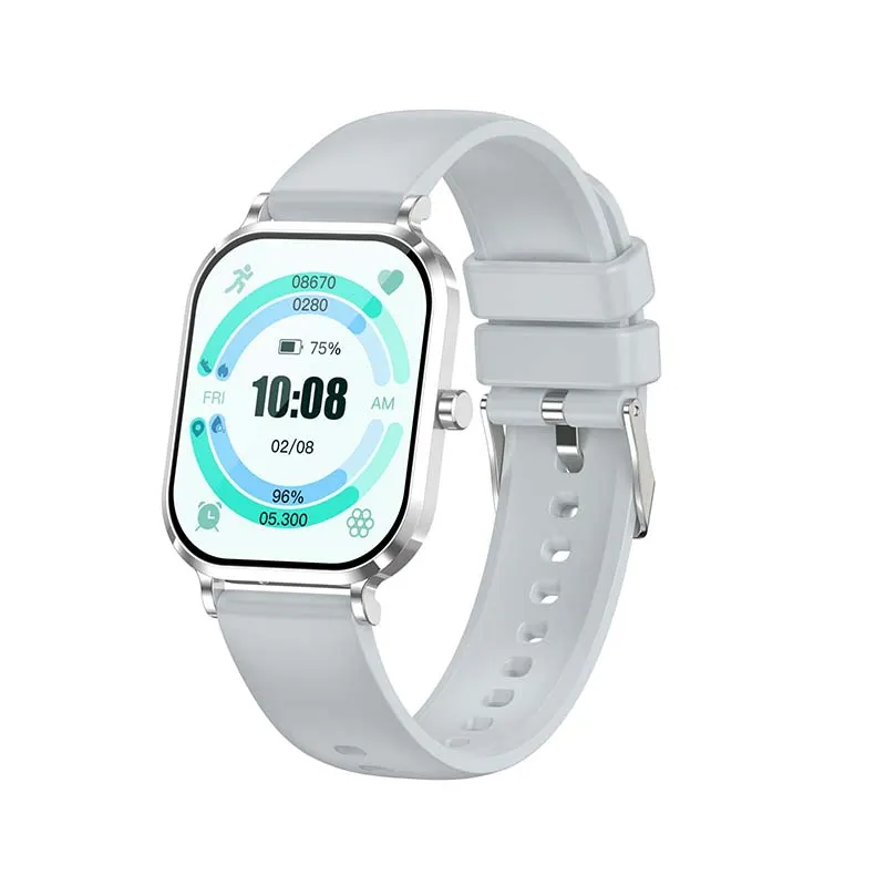 MYRYDER H15 smart watch, silver titanium-finish case with a round crown button and a light grey silicone strap — 45-degree view with the activity-ring watch face showing 08670 steps, 75% battery and a 10:08 AM clock