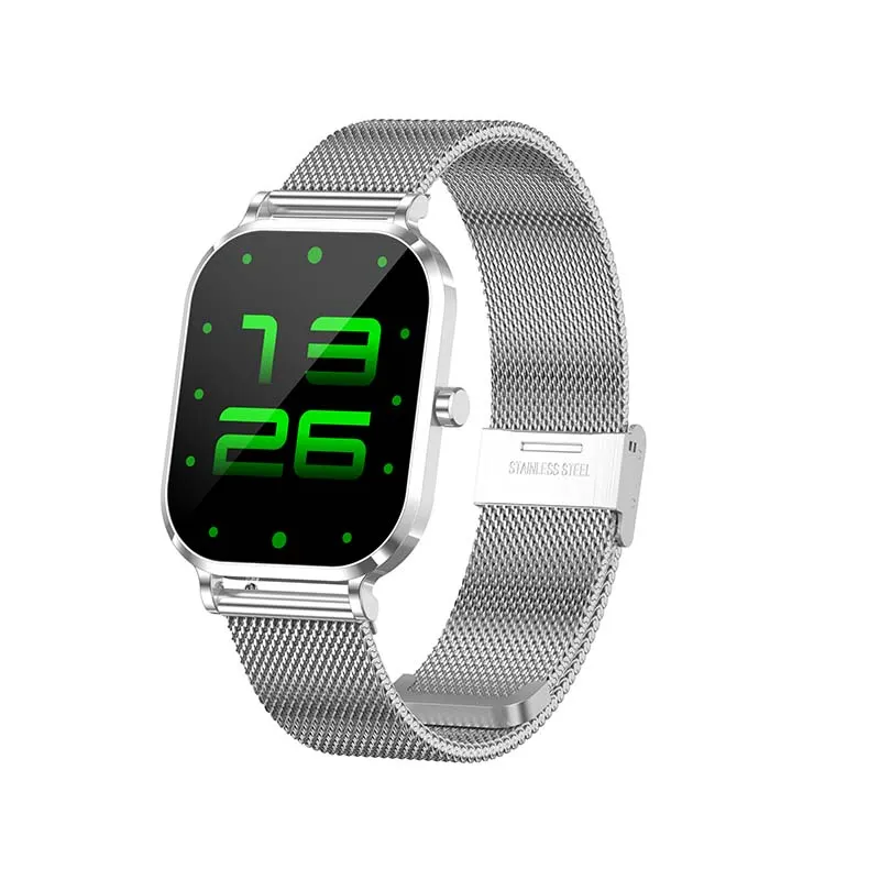 MYRYDER H15 smart watch, silver titanium-finish case with a round crown button and a silver Milanese stainless-steel mesh strap — 45-degree view with the green digital watch face showing 13:26